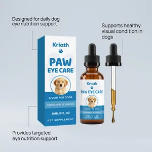 Kriath dog eye care supplement bottle and box with detailed liquid dropper view