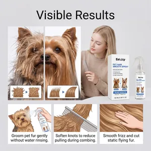 Détail du spray lissant EelJoy montrant les résultats avant et après sur les chiens