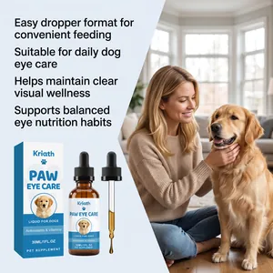 Kriath pet eye care liquid bottle and box with a golden retriever in a home setting