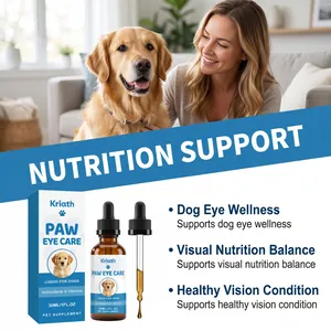 Kriath pet dog eye care liquid supplement detail shown with dropper and packaging box
