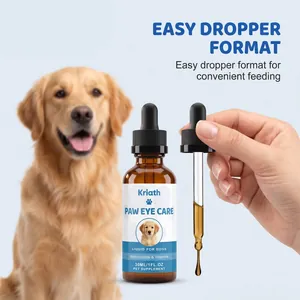 Close-up detail of Kriath pet eye care liquid bottle with easy-to-use dropper format.