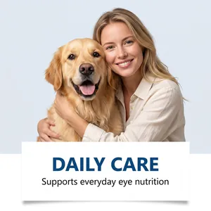 Close-up lifestyle image of a happy dog and owner for pet daily eye care nutrition.