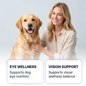 Healthy golden retriever with owner demonstrating pet eye wellness and vision support