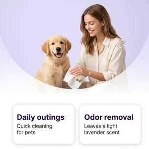 Mujer limpiando la pata de un golden retriever con toallita perfumada con lavanda para mascotas