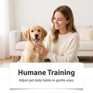 Smiling woman petting golden retriever puppy illustrating humane pet training spray concepts