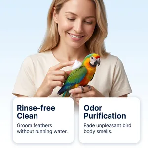 Detail view of bird dry cleaning mousse foam applied on a parrot for odor removal.