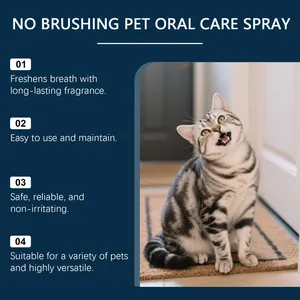 No brushing pet oral care spray benefits infographic with a cute silver tabby cat