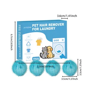 Detail view showing dimensions of JAYSUING pet hair remover laundry balls and packaging.