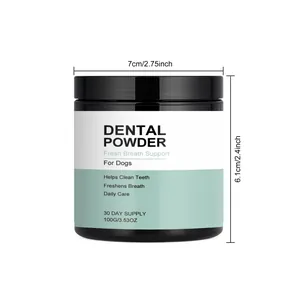 Dog dental powder in 100g jar showing product dimensions 7cm width and 6.1cm height
