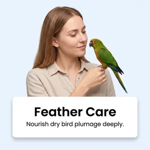 Detailed view of a woman holding a parrot with feather care and nourishment text.