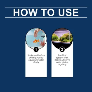 Two-step visual guide for using aquarium water clarifier with goldfish tank illustration