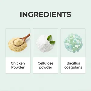 Ingredients of dog breath freshening powder showing chicken and cellulose powders.