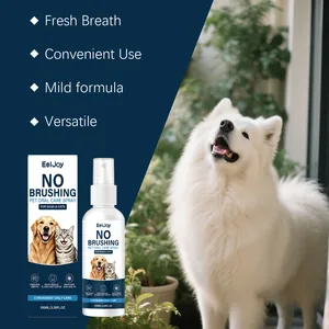 Detail view of EelJoy pet oral care spray showing key benefits and a happy white dog