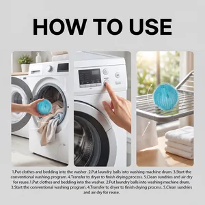 Visual guide on how to use blue pet hair remover laundry balls for washing machines