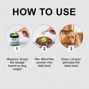 Guide showing step-by-step how to mix dog dental powder into daily food for fresh breath