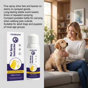 Lifestyle detail of pet training spray used with a puppy in a cozy home environment