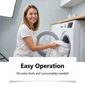 Woman using washing machine for easy pet hair removal with laundry hair collector ball