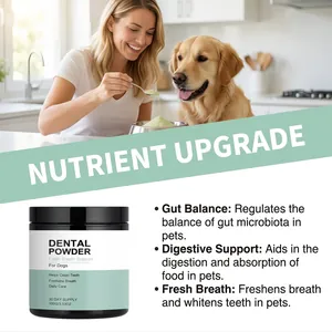 Dog dental powder for fresh breath and digestive support shown in a lifestyle scene.