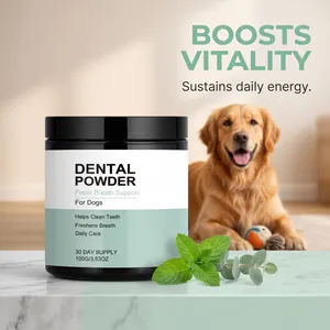 Close-up of dog dental powder for fresh breath with a golden retriever background