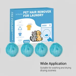 Detailed view of four blue mesh pet hair remover balls for laundry with packaging