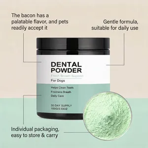 Bacon flavored dog dental powder detail showing fresh breath formula and texture