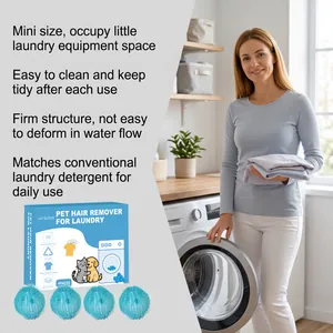 Detail showing 4-piece pet hair remover laundry balls with product packaging and features.