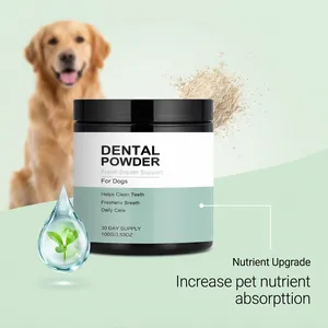 Dog dental powder for fresh breath shown with loose powder and a friendly dog background