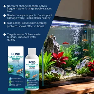 100ml aquarium water clarifier bottle and packaging shown next to a clear fish tank