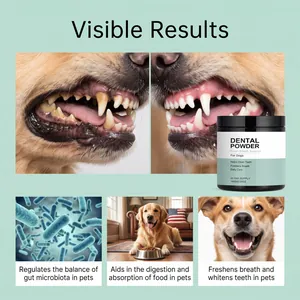 Dog dental powder showing before and after teeth cleaning results and pet gut health benefits.