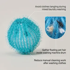 Close-up detail of blue laundry ball gathering pet hair during the washing cycle