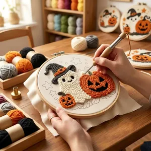 Close-up of Halloween ghost and pumpkin embroidery kit being handcrafted with needle