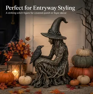 Vue détaillée d'une statue de sorcière en résine pour la décoration d'Halloween