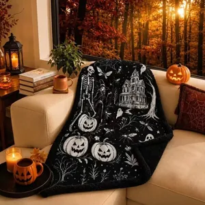 Macro view of Halloween coloring blanket with spooky patterns in a cozy room setting