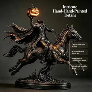 Figurine de Cavalier Sans Tête en Métal Avec Citrouille Lumineuse Décoration d'Halloween Statue de Cavalier Gothique Décoration Vintage Ornement Artisanal
