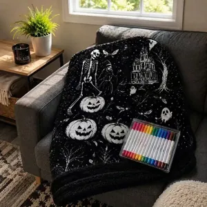 DIY Halloween Coloring Blanket With 12 Markers Washable Polyester Throw For Kids Adults Pumpkin Ghost Pattern Festive Decor