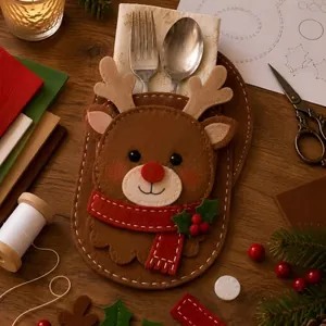 Festive Christmas reindeer felt cutlery holder with stainless steel fork and spoon set