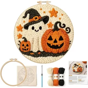 Detail view of Halloween ghost punch needle kit including hoop, yarn, and tools