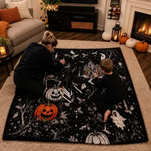 Family coloring a Halloween-themed Trick or Trace blanket in a cozy living room
