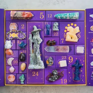Detailed macro view showing the 24-day Halloween advent calendar with reiki crystals