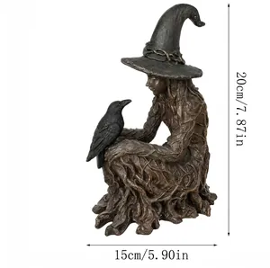 Vue détaillée des dimensions d'une statue de sorcière d'Halloween en résine avec un corbeau