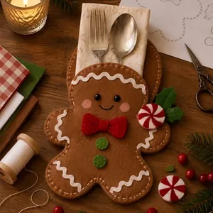 Handmade gingerbread man felt cutlery holder pouch with metal fork and spoon detail