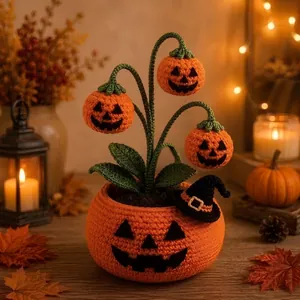 Detail eines handgehäkelten Halloween-Kürbistopfs mit drei hängenden Jack-O-Lanterns.