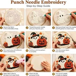 Step-by-step tutorial for DIY Halloween ghost and pumpkin punch needle embroidery kit.