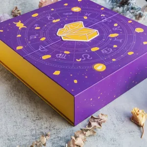Purple Reiki Crystal Halloween Countdown Gift Box with gold zodiac symbols design