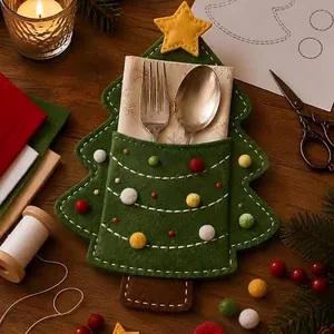 Christmas tree felt cutlery holder with fork and spoon on rustic wooden table background
