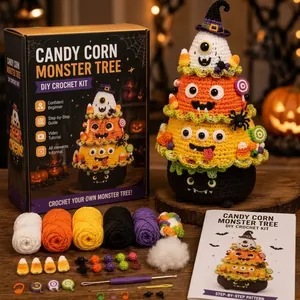 Komplettes Halloween Candy Corn Monster Baum DIY Häkelset mit Garn und Werkzeug.