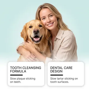 Woman hugging a happy golden retriever showing pet dental care formula for plaque and tartar
