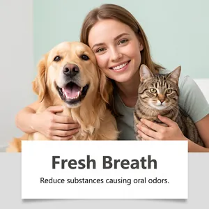 Happy pet owner with a dog and cat showcasing fresh breath benefits of oral care