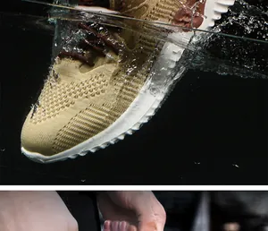 Primer plano de zapato de seguridad caqui transpirable con efecto dinámico de salpicaduras