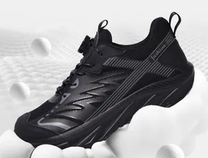 Detailed side view of black safety shoes with EVA sole on cloud-like background